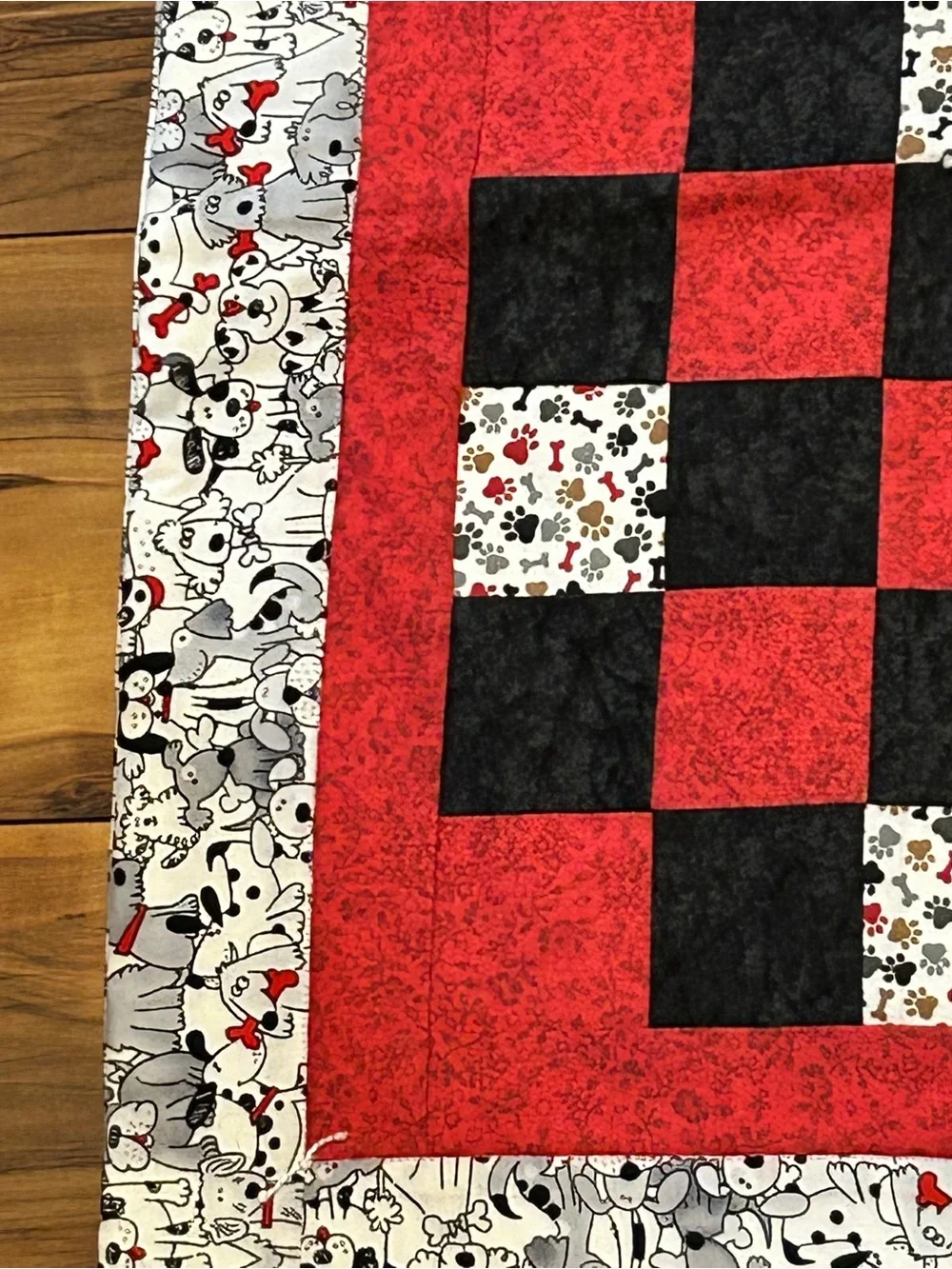 Handmade Red & Black Checkered Pieced Quilt - Floral Background